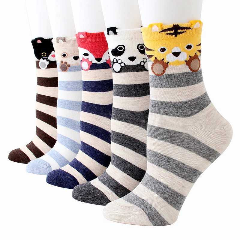 

Women Funny Cartoon Socks Cute Cotton Socken Harajuku kawaii Animals Striped Sock Spring Summer Sox 3 pairs/batch Jacquard #F