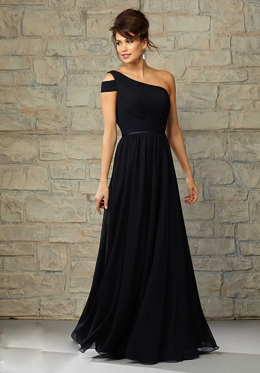 

New Elegant A-Line Long One Shoulder Black Chiffon Bridesmaid Dress Cap Sleeve Prom Gown Sleeveless Vestido De F1019