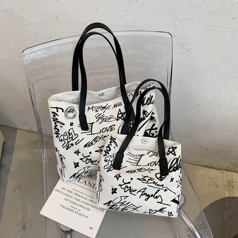 

Women Bag Canvas Tote Bag Letter Casual Hasp Soft Shoulder Bag Handbag Purse High-capacity Graffiti Bag Euro-America Style