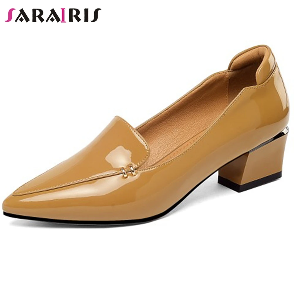

SARAIRIS New Female Elegant Solid Shallow Pumps 2020 Med Chunky Heels Pumps Women Spring Office Fashion Patent Pu Shoes Woman