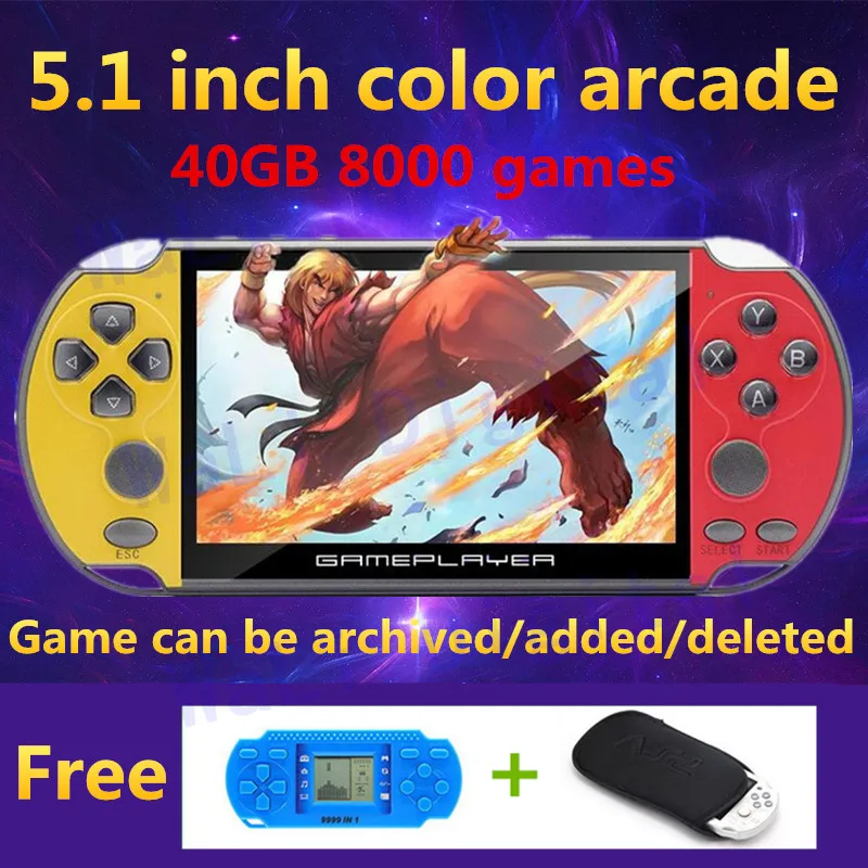 JXD Новинка 5,1 дюймов Цветная Ретро игровая консоль 40 ГБ 8000 игра для cps/neogeo/gba/gbc/GB/snes/nes/sega видео игровая консоль MP3 recoder