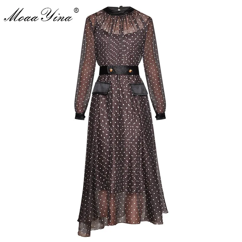 MoaaYina Fashion Designer Runway dress Spring Summer Women's Dress Long sleeve Dot Elegant Midi Dresses | Женская одежда