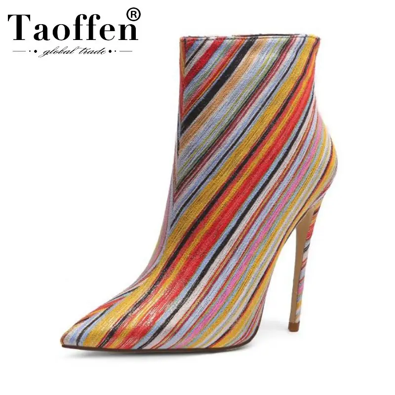 

TAOFFEN Plus Size 32-45 Ladies Colorful Winter Ankle Boots Super High Stiletto Boots Pointed Toe Side Zipper Footwear
