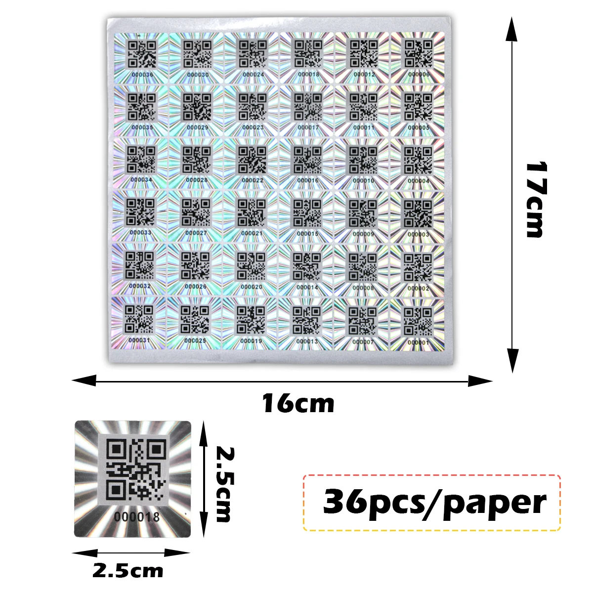 QR 코드가 포함된 2.5x2.5cm 실버 레이저 스티커 정통 보안 씰 홀로그램 보증 무효 스티커 보안 위조 방지 라벨