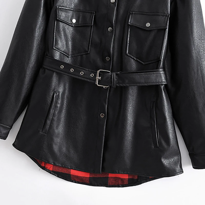 Stylish Pu Leather Jacket Women Turn Down Collar Pockets Fashion Black Coat Female Sashes Long Sleeve Streetwear Outwear Tops