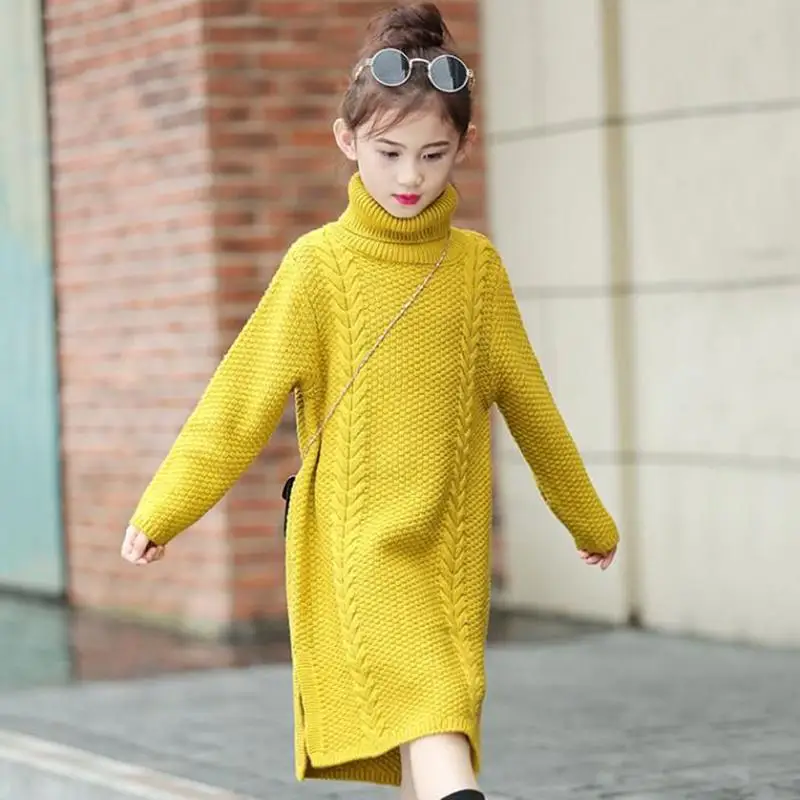Новинка года; зимнее теплое длинное вязаное платье-свитер с воротником под горло для маленьких девочек детские повседневные платья для девочек-подростков; K97