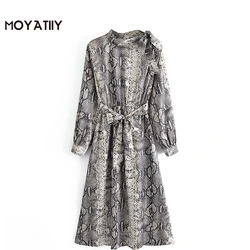 MOYATIIY Vestido camisero con estampado de serpiente para mujer, vestido Retro con diseño de encaje y lazo, con ojal para oficina, 2022