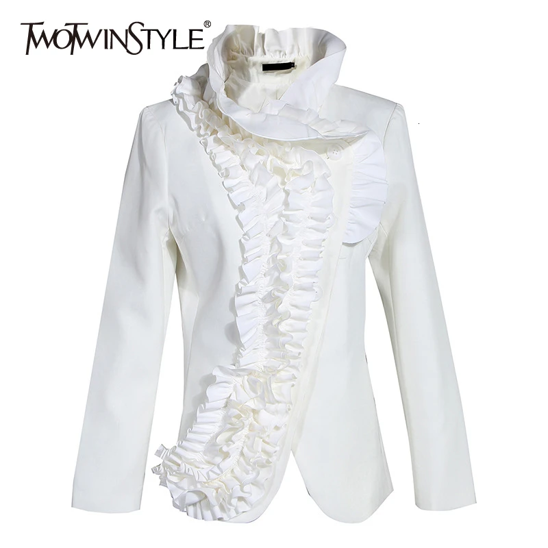 TWOTWINSTYLE, элегантное асимметричное Женское пальто с оборками, стоячий воротник, длинный рукав, тонкая куртка для женщин, мода, одежда
