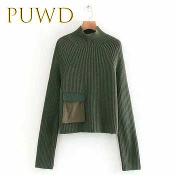 

PUWD 2019 Autumn new style patchwork pocket half high collar Pullover high waist sweater