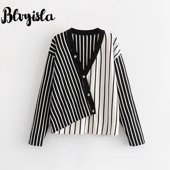 

Blvyisla Button Black White Stripe Stitching Sweaters Fashion Women Deep V knitted Pullover