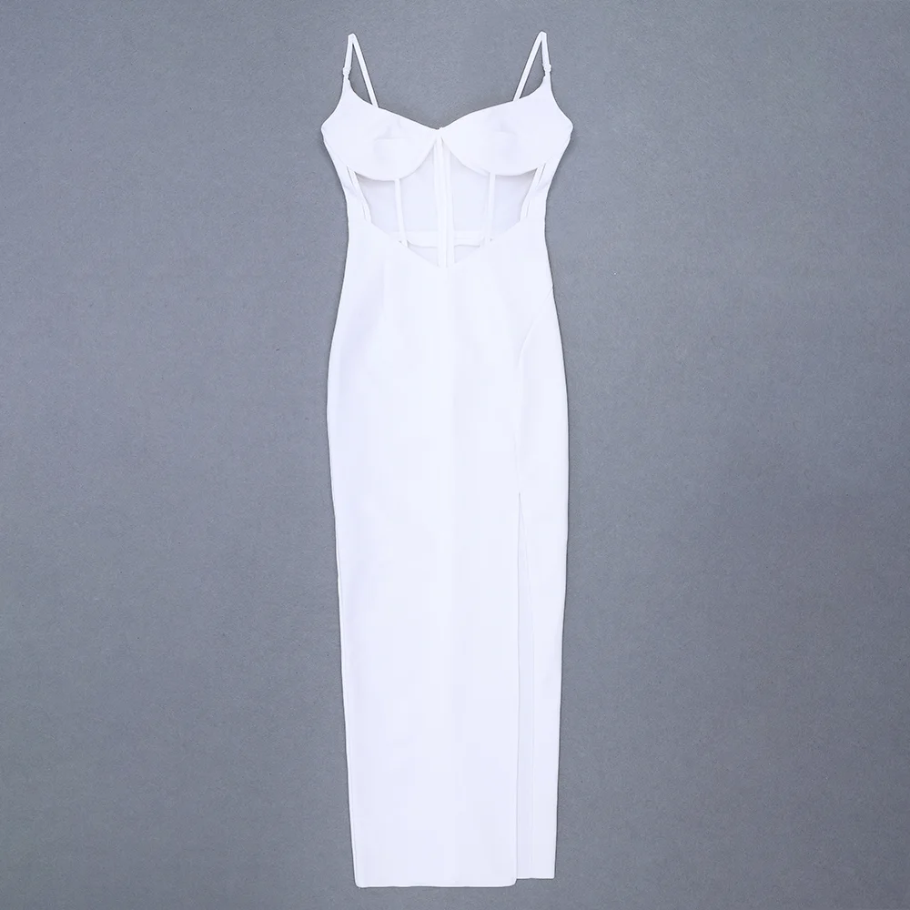 Summer Style Sexy V Neck Spaghetti Strap Mesh White Bodycon Bandage Dress Designer Fashion Elegant Women Party Dresses