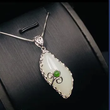 

Real 925 Silver White HeTian Jade Curved Moon Water Drop Lucky Pendant + Chain Necklace For Women Fine Jewelry