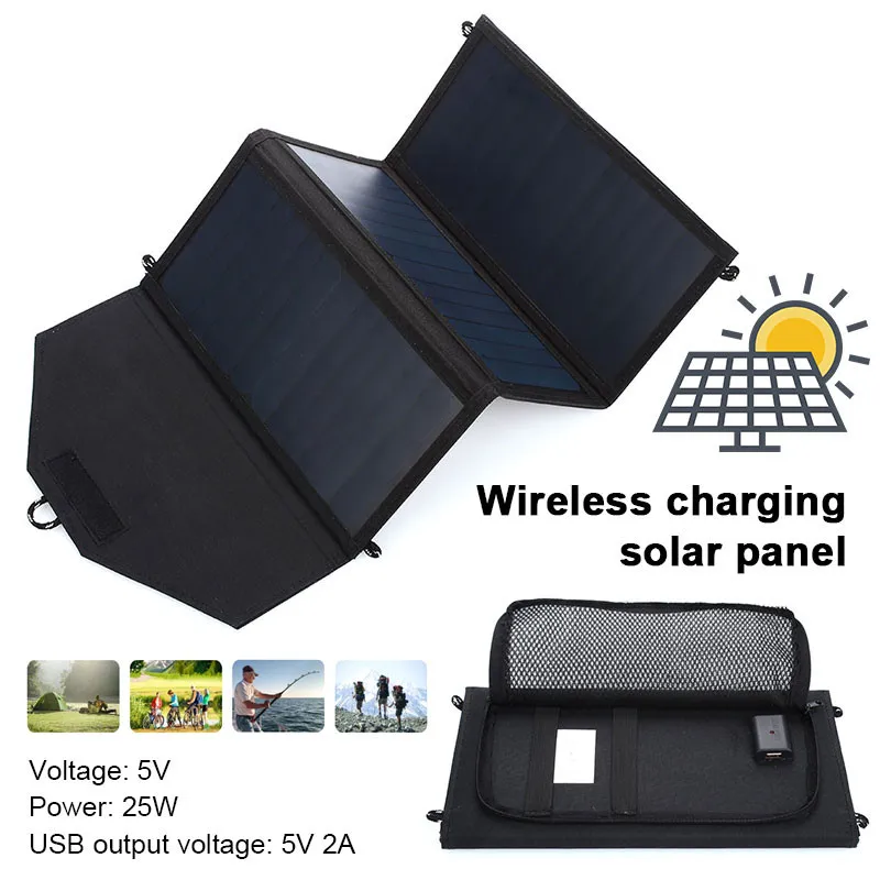 

25W Foldable Sunpower Solar Panels Portable Waterproof 5V/2A USB + Wireless Charging Solar Panel Charger for iPhone Samsung