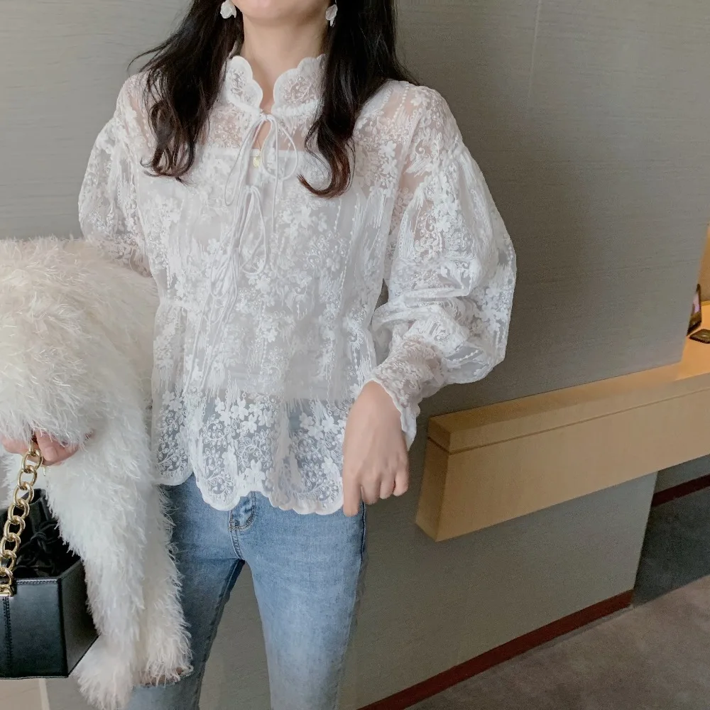 WHITNEY WANG, блузки,, Весенняя мода, с пышными рукавами, с вырезом, с бантом, Кружевная блуза с вышивкой, женские блузы, женская рубашка, Топ