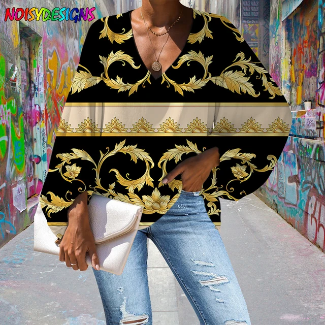 NOISYDESIGNS Tops holgados con estampado de flores doradas para mujer, blusas barrocas de otoño, camisa de manga larga, camisas de con cuello en V| Blusa| - AliExpress