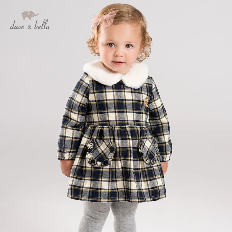 DB11835 dave bella/зимнее платье с мехом и бантом для маленьких девочек, в клетку, на молнии, с подкладкой детское праздничное платье детская одежда в стиле Лолиты