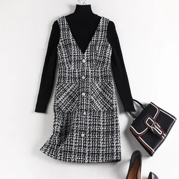 

2019 autumn winter women black white plaid sleeveless v-neck knitted tweed dresses plus size tank dress 4XL 5XL y505