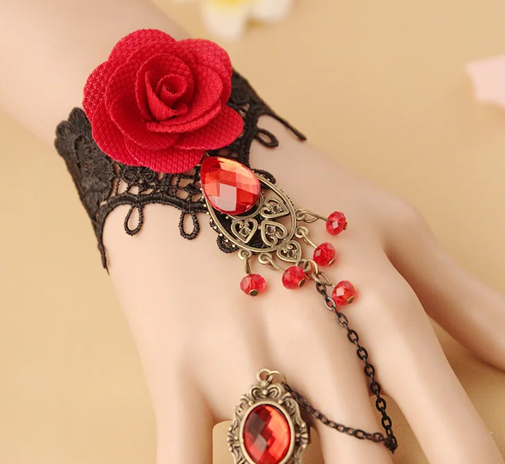 

Jewelry with Adjustable Finger Elegant Gothic Steampunk Vampire Lolita Black Lace Rose Crystal Tassel Wrist Finger Bracelet