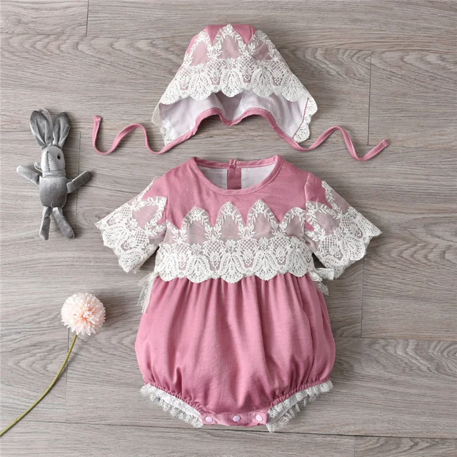 Spanish Baby Girl Romper With Hats Summer Newborn Lace Rompers Toddler Clothes Cute Baby Bodysuit Short Sleeve Infant Jumpsuit pink set