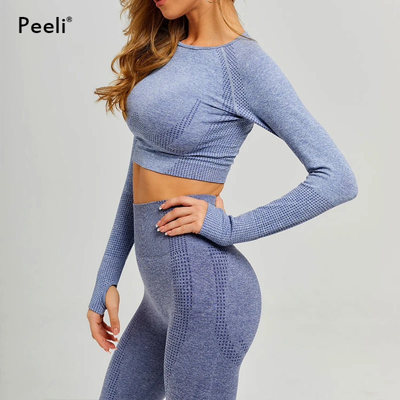 Yoga Set Sports Set Gym Workout Set Sportswear Set Seamless Yoga Set Sports 2 Piece Set Women Clothing Long Sleeve Gym Crop Top High Waist Leggings Workout Fitness Sportswear