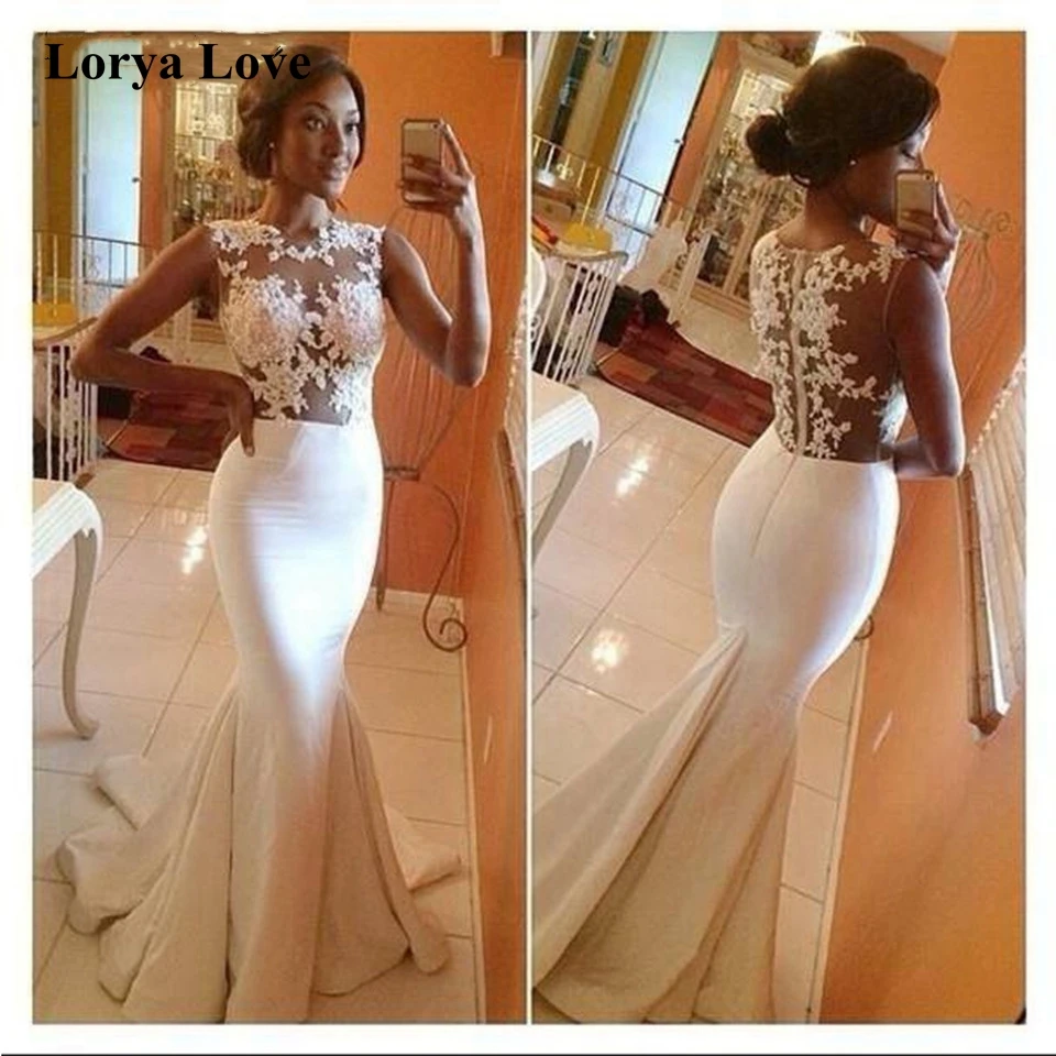 

White/Ivory Mermaid Wedding Dresses llusion Sleeveless Elegant Boho Beach Bridal Gown Lace Appliques Satin Long Vestido De Noiva