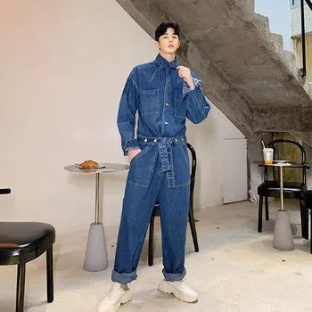 

Homens vintage streetwear hip hop punk carga calças de brim harém geral masculino manga longa solta casual denim calças macacões