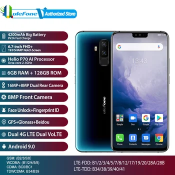

GPS Glonass Beidou Face Unlock Fingerprint ID Ulefone T2 Android 9.0 Dual 4G 6GB+128GB Octa-core Helio P70 4200mAh 6.7-inch FHD+