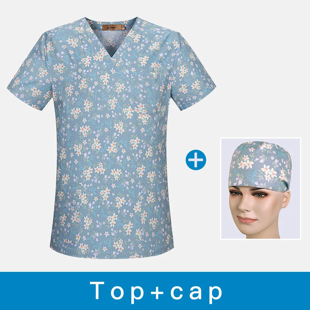V-neck Dental clinic scrubs tops Floral printing Pet doctor nurse uniforms hospital nursing scrubs tops medical scrubs workwear