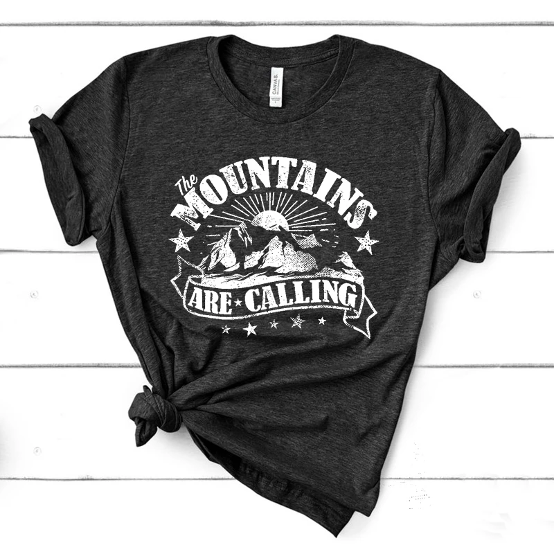 

Womens The Mountains Are Calling Cool Sunset Vintage Rockies Funny Hiking Nature T Shirt Goth Tops