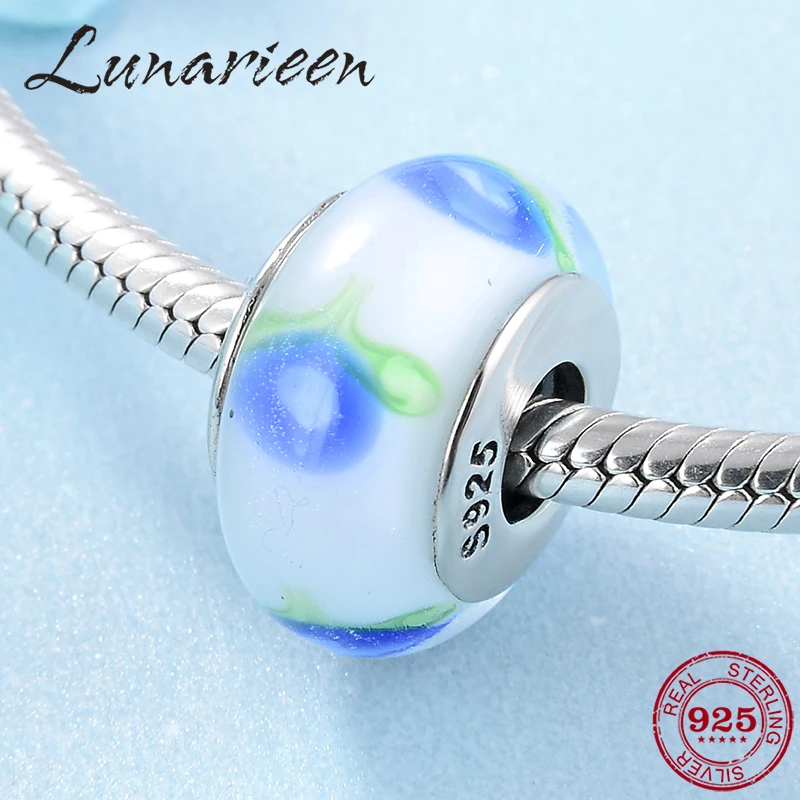 

925 Sterling Silver Blue Cornflower Lampwork Charms Murano Glass Beads Fit Original Pandora Charm Bracelet S925 Jewelry Making