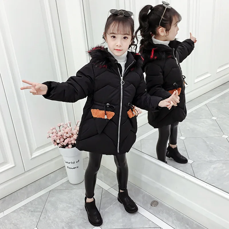 Black Новое зимнее детское длинное утепленное хлопковое пальто для девочек детское теплое плотное пальто плотное цветное пальто с меховым воротником - Цвет: Black