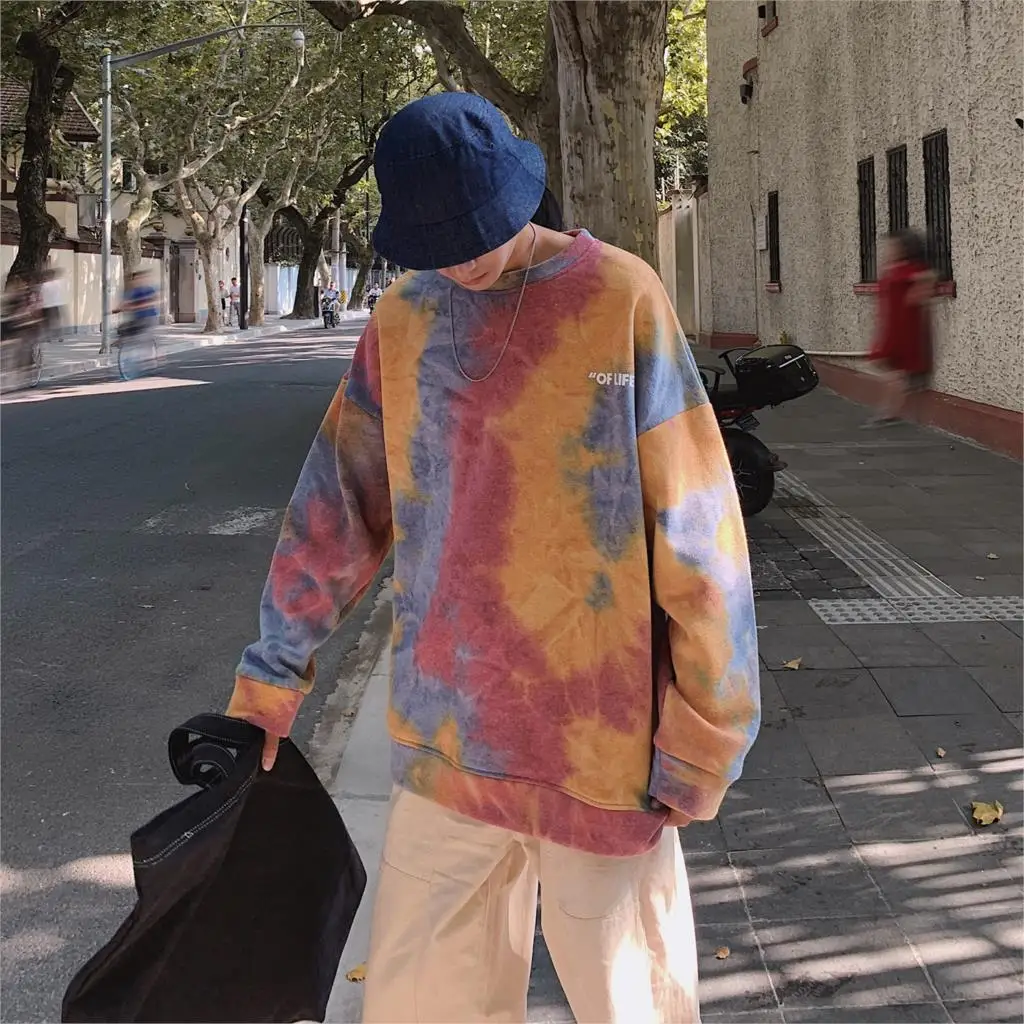 Мужские толстовки Харадзюку большого размера с принтом «Tie Dye», осень, мужская Японская уличная одежда, мужские хлопковые толстовки в стиле хип-хоп с капюшоном - Цвет: Red Blue