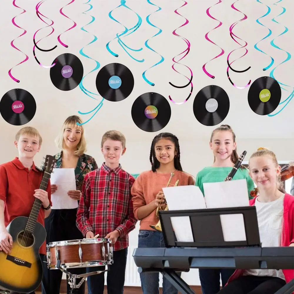 12pcs Music Theme Hanging Swirl Decorations Rock and Roll Record Cutout Ceiling Whirls Streamers Kids Birthday Party Supplies