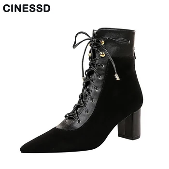 

Pointed toe thick heel women boots black suede fashion retro lace-up 6.5cm high-heeled winter shoes