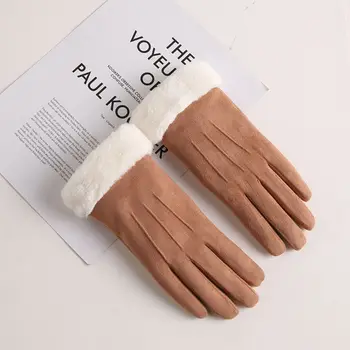 

Womens Girls Autumn Winter Touchscreen Gloves Solid Color Plush Cuff Thermal Thick Lining Suede Mittens Driving Ski Wrist Warmer