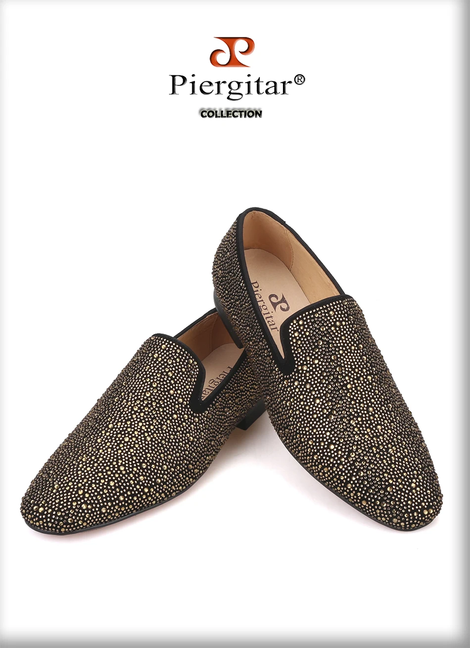 Piergitar Handmade genuine Leather Men Loafers with Gold Rhinestone Fashion Party and Banquet men's casual shoes plus size