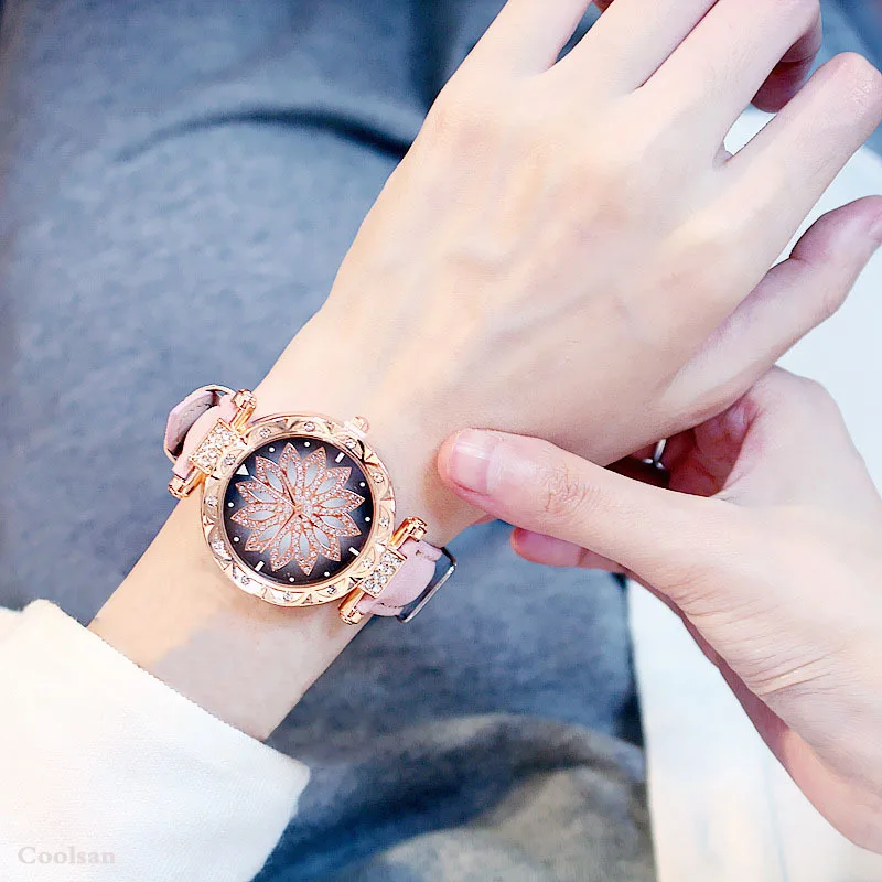 Лидер продаж, женские часы-браслет, набор, женские часы с цветами, повседневные кожаные кварцевые наручные часы, подарок, часы, Relogio Feminino - Цвет: Pink