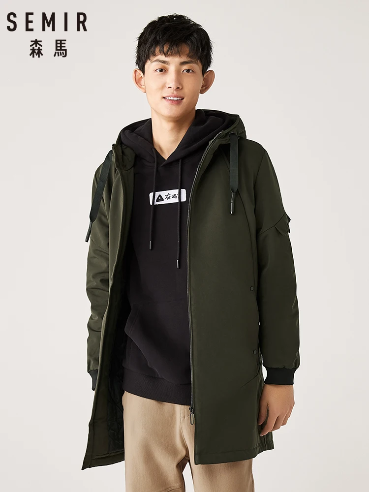 

Semir long cotton clothing men jacket trend Korean drawstring hooded black cotton jacket tide brand handsome winter warm men