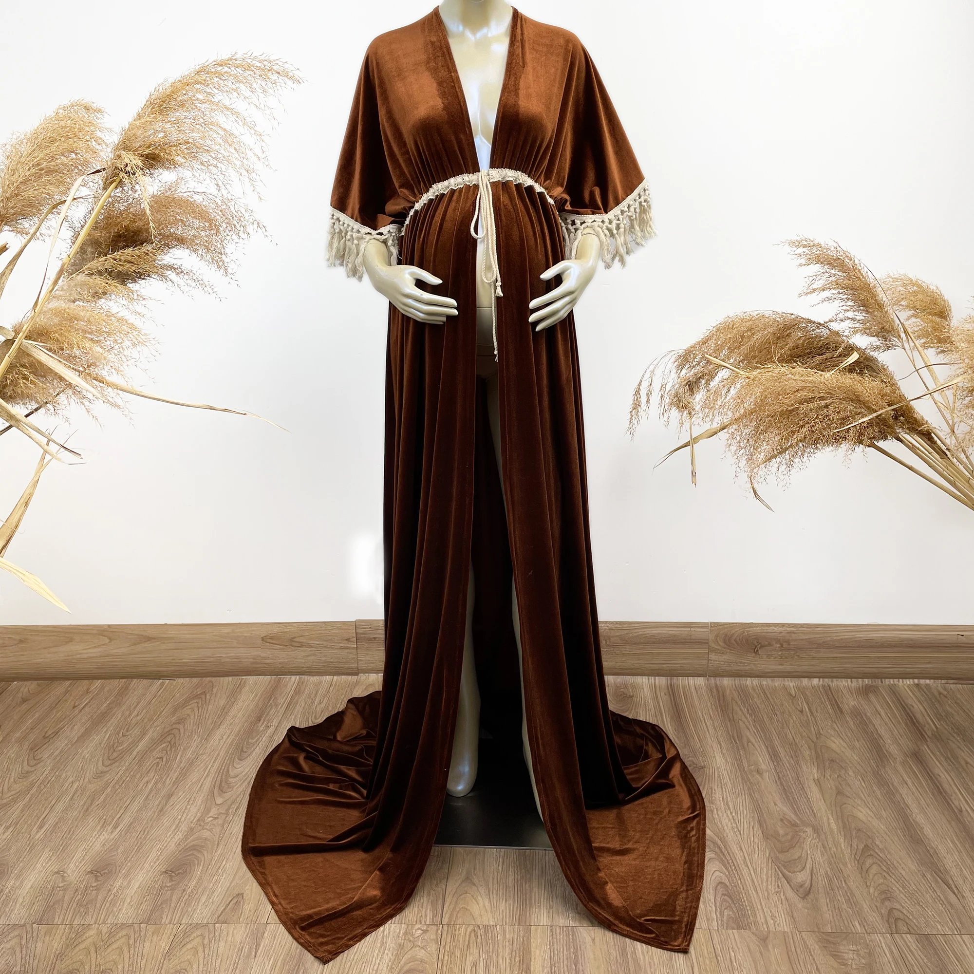 Boho Soft Maxi Half Sleeves Front Split Maternity Dress Pregnancy Velvet Gown for Woman Photography Prop Baby Shower Robe
