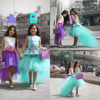 

Colorful Two Pieces High Low Girls Pageant Gowns Applique Beaded Top And Tulle Puffy Flower Girl Dresses For Wedding Party