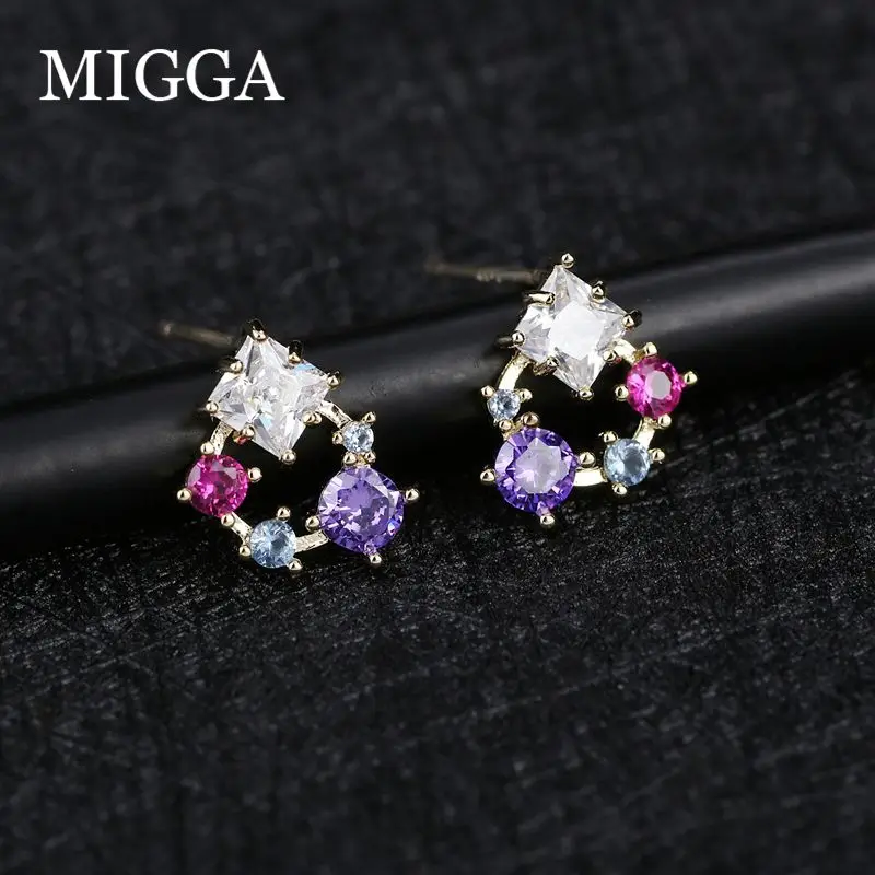 MIGGA цветной, с кубическим Цирконом камень серьги-гвоздики Золотая Цвет геометрический Кристаллические серьги Для женщин ювелирные изделия