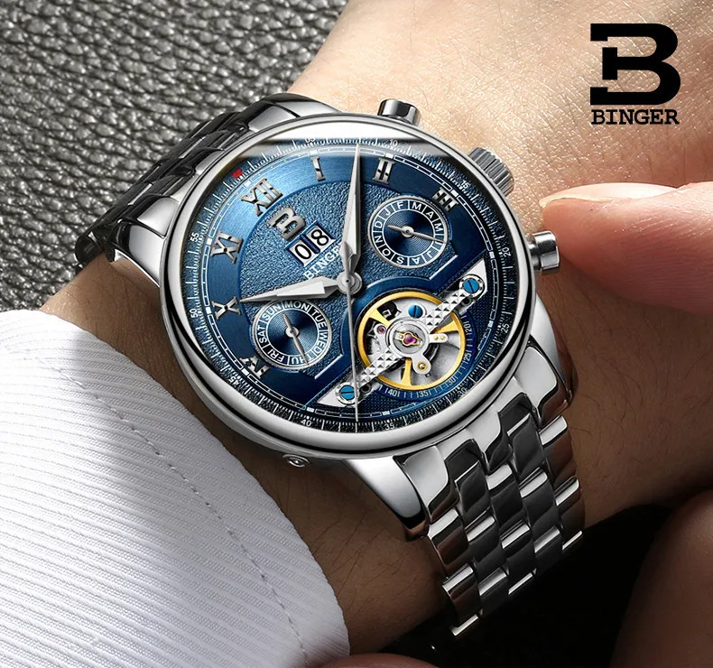 Швейцарские BINGER часы мужские люксовый бренд Tourbillon несколько функций водонепроницаемые Механические Мужские наручные часы B-8603M-6