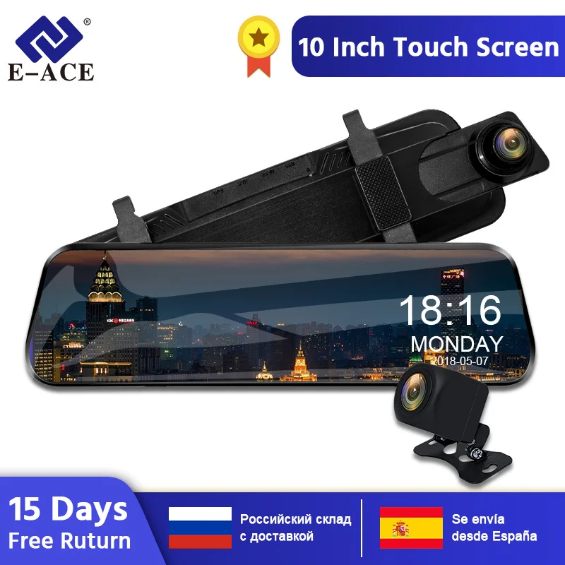  E-ACE 10 Inch Touch Car Dvr Streaming Rear View Mirror Dash Camera FHD 1080P Video Recorder Dual Le