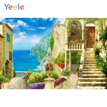 

Yeele Mountain Villa Stone Stair Sea Flowers Grass Natural Scene Photographic Backdrops Photography Background For Photo Studio