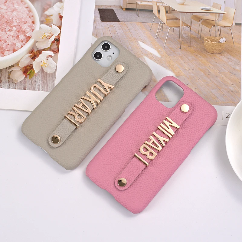 Holding Strap Metal Personalization Name Pebble Genuine Leather Phone Case Cover For iPhone 12 11 Pro Max X XS XR Max 7 8 Plus