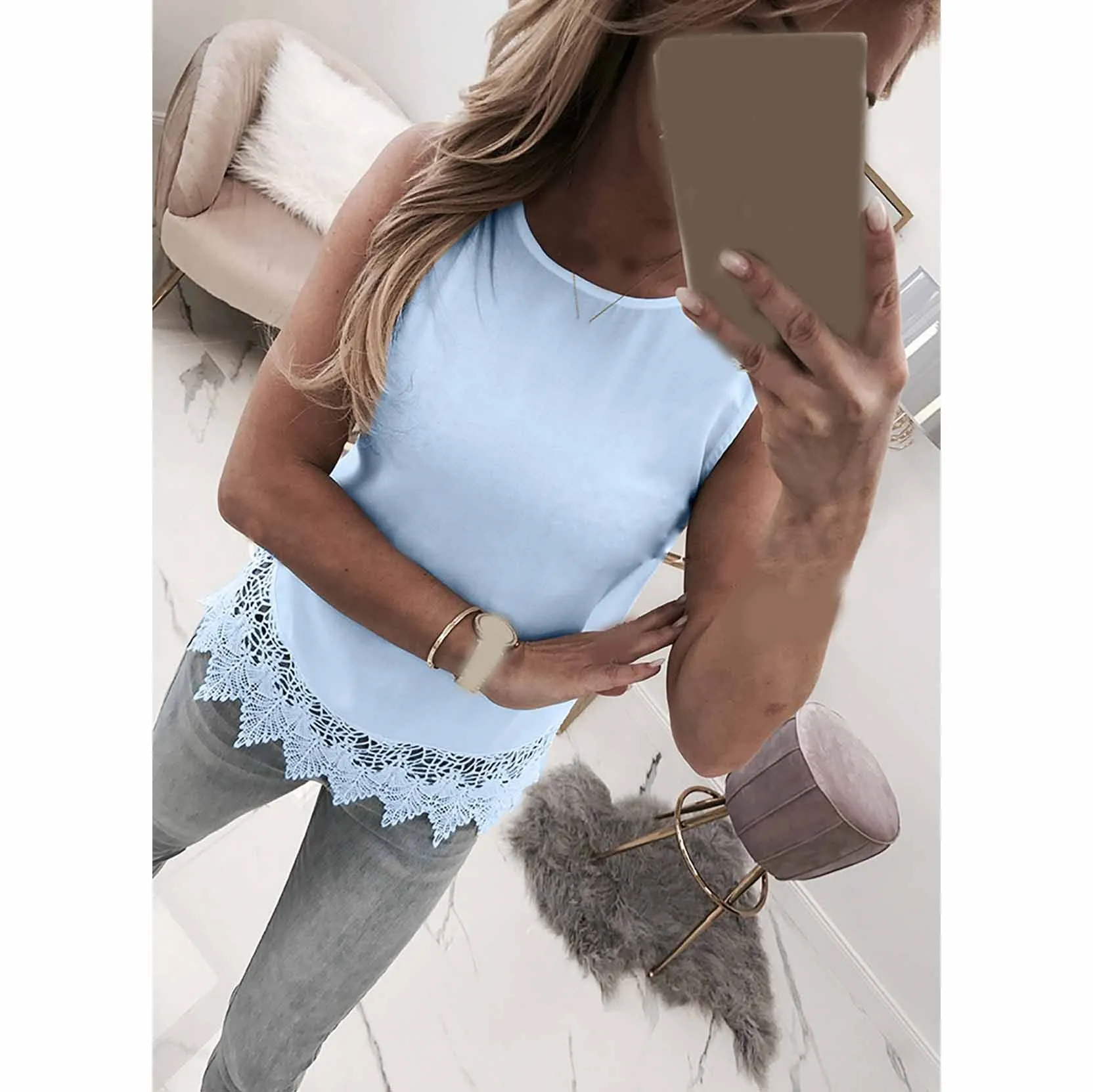 Tide Vogue Pop Tide модный красивый летний женский полый резервуар, кружевные лоскутные кружевные топы без рукавов с галстуком-бабочкой и открытой спиной
