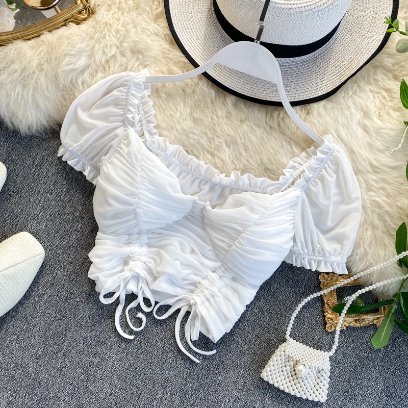 

Sexy short navel puff sleeves drawstring pleated waist blouse super fairy dancing clothes