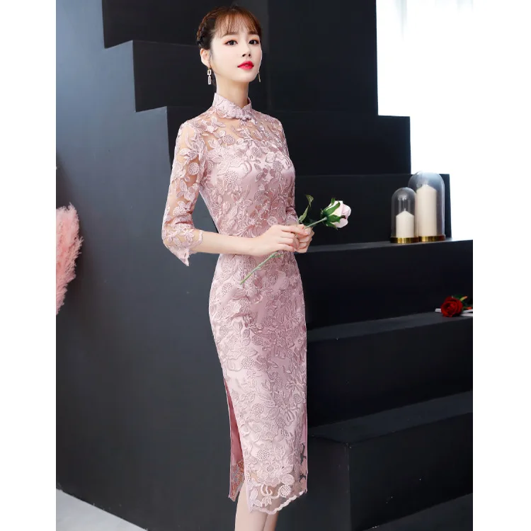 Мандарин воротник сексуальный кружевной цветок cheongsam китайское свадебное платье невесты qipao полная длина элегантное китайское платье qipao