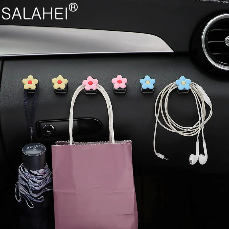 Storage Decoration Hook USB Cable Headphone Key 5 Color Cute Sunshine Little Flowers Car Universal 2PC Mini Hanger Adhesive Hook