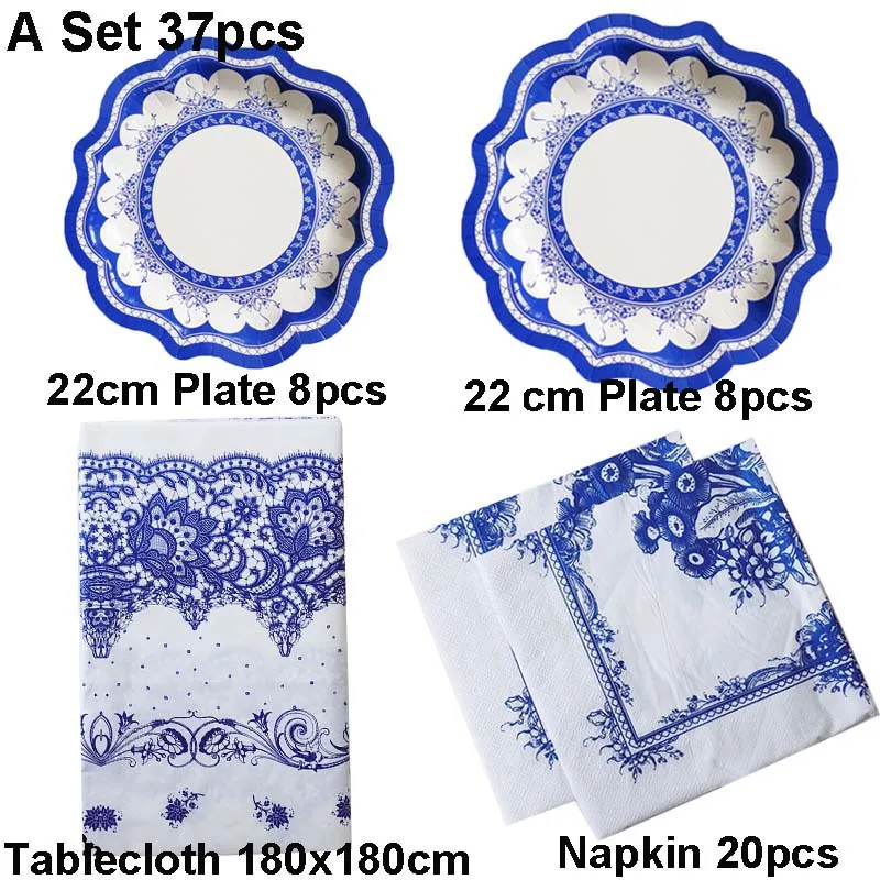 37 шт./партия синяя и белая бумага имитирующая фарфор тарелки лоток Цветочные Вечерние для пикника Свадьба День рождения Дети одноразовая посуда набор посуды - Цвет: 37pcs  B